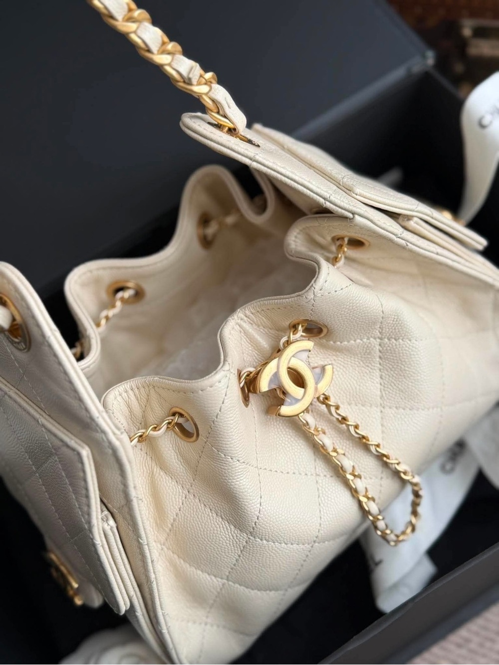 SOLD- CHANEL Mini Cream Quilted Drawstring Shoulder Bag with Gold Hardware - Picture 2 of 8